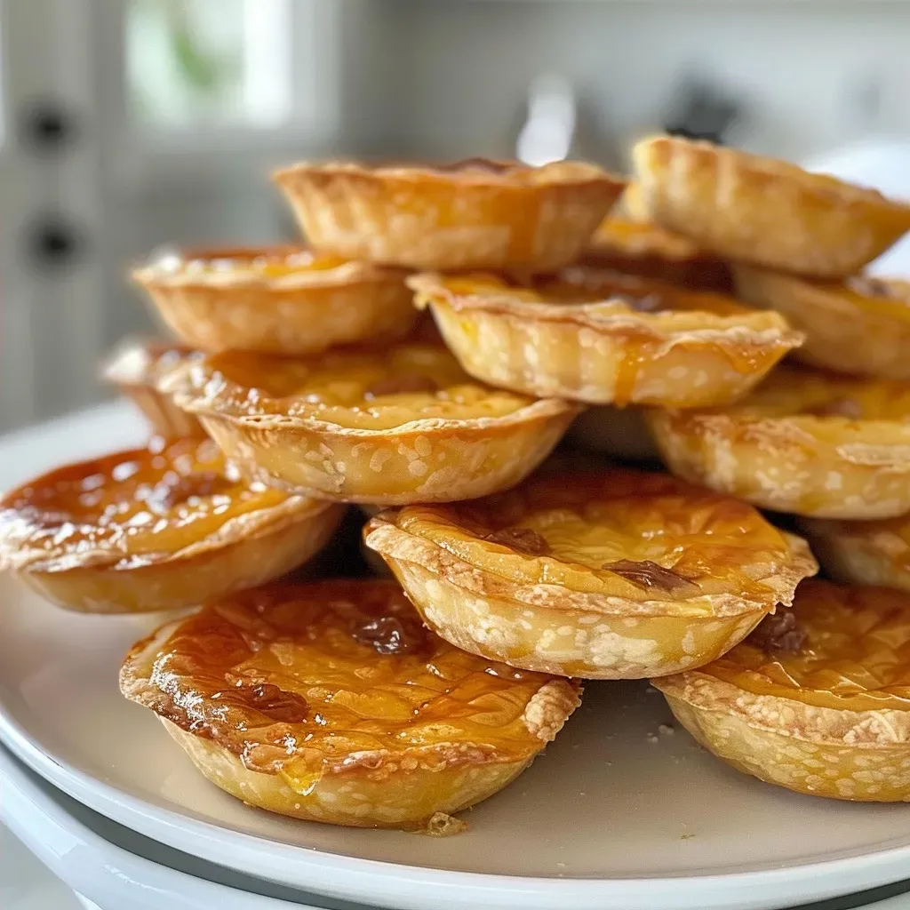 ['Close-up view of golden brown Old Fashioned Butter Tarts, showcasing their rich filling and flaky crust.', 'Side view of freshly baked butter tarts filled with raisins, highlighting their shiny tops and tart shells.', 'Juicy Old Fashioned Butter Tarts arranged on a plate, with visible textures of the filling and crust.', 'Homemade butter tarts with a glossy caramel-like surface and a sprinkle of raisins, captured in detail.']