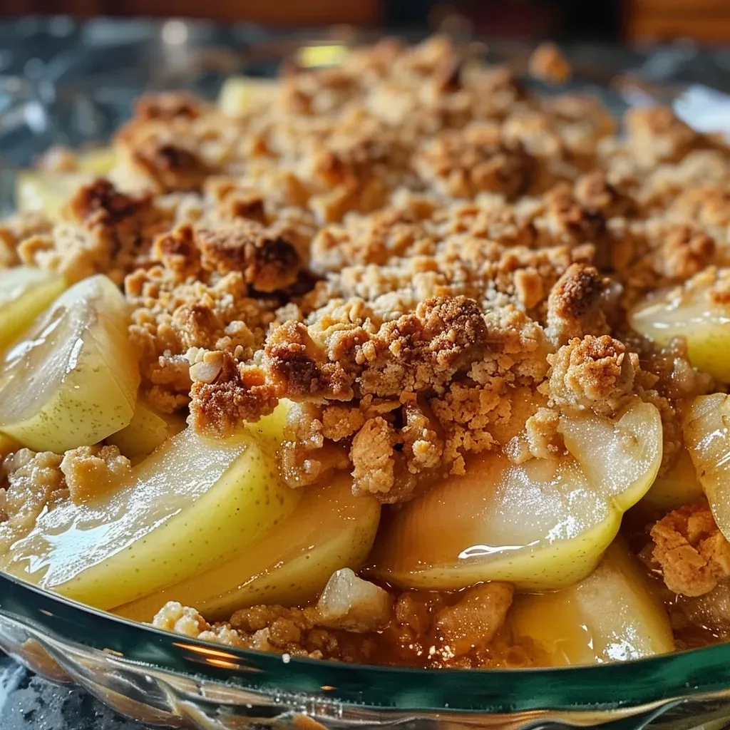 ['Close-up of a warm, golden-brown pear crumble in a baking dish.', 'Side view of a pear crumble with a flaky topping, showcasing juicy pear slices.', 'Detail of baked Old Fashioned Pear Crumble with a crispy, buttery crust.', 'Freshly baked pear crumble, highlighting the sweet fruit filling and crunchy topping.']