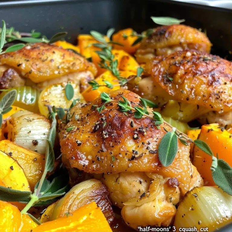 ['Close-up view of a one pan chicken dish with leeks and butternut squash.', 'Side view of a hearty one pan chicken meal featuring golden squash and leeks.', 'Juicy chicken thighs surrounded by chunks of butternut squash and sliced leeks.', 'A colorful one pan bake with chicken, leeks, and squash, showcasing the textures.']