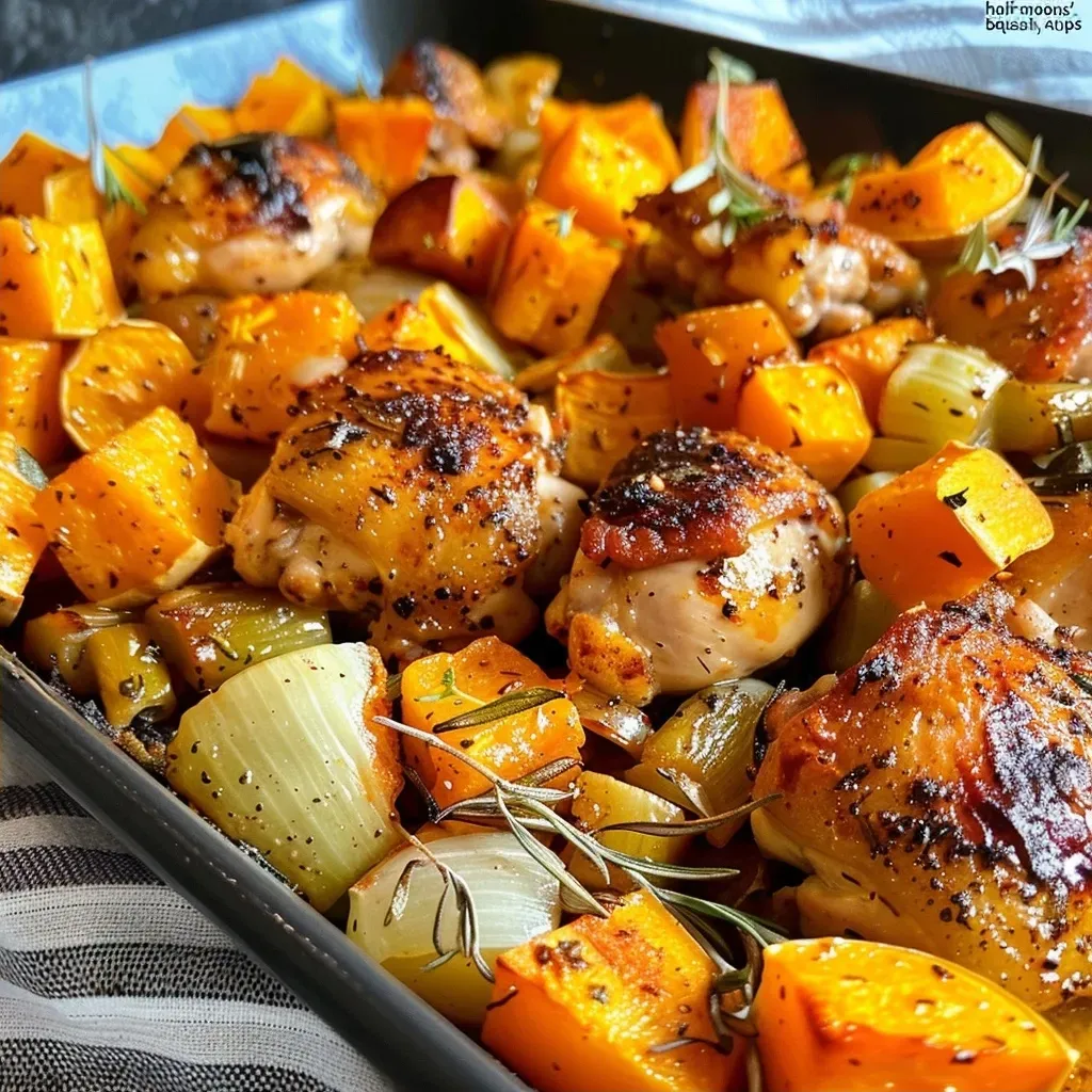 ['Close-up view of a one pan chicken dish with leeks and butternut squash.', 'Side view of a hearty one pan chicken meal featuring golden squash and leeks.', 'Juicy chicken thighs surrounded by chunks of butternut squash and sliced leeks.', 'A colorful one pan bake with chicken, leeks, and squash, showcasing the textures.']
