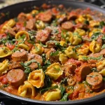 ['Close-up of One Pan Tortellini with Sausage, featuring tortellini, sausage, and spinach in a creamy sauce.', 'Side view of a plate of One Pan Tortellini with Sausage, showing juicy sausage pieces and fresh spinach.', 'Detailed view of cooked One Pan Tortellini with Sausage, highlighting the colorful ingredients and creamy texture.', 'Close-up image of One Pan Tortellini with Sausage, adorned with grated parmesan cheese and fresh spinach.']
