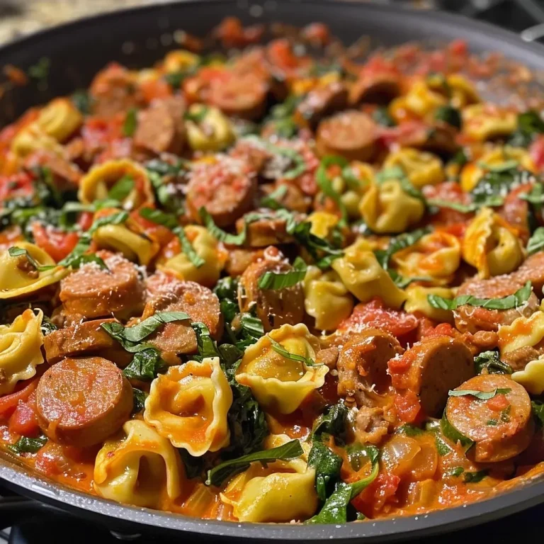 ['Close-up of One Pan Tortellini with Sausage, featuring tortellini, sausage, and spinach in a creamy sauce.', 'Side view of a plate of One Pan Tortellini with Sausage, showing juicy sausage pieces and fresh spinach.', 'Detailed view of cooked One Pan Tortellini with Sausage, highlighting the colorful ingredients and creamy texture.', 'Close-up image of One Pan Tortellini with Sausage, adorned with grated parmesan cheese and fresh spinach.']
