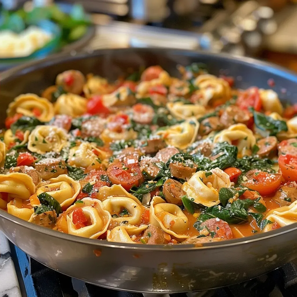 ['Close-up of One Pan Tortellini with Sausage, featuring tortellini, sausage, and spinach in a creamy sauce.', 'Side view of a plate of One Pan Tortellini with Sausage, showing juicy sausage pieces and fresh spinach.', 'Detailed view of cooked One Pan Tortellini with Sausage, highlighting the colorful ingredients and creamy texture.', 'Close-up image of One Pan Tortellini with Sausage, adorned with grated parmesan cheese and fresh spinach.']