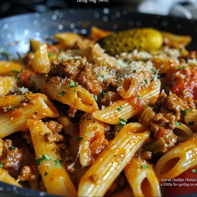 ['Close-up of a bowl filled with One Pot Cheeseburger Pasta, showcasing garnishes.', 'Side view of creamy cheeseburger pasta with bright toppings and ingredients visible.', 'Juicy One Pot Cheeseburger Pasta in a bowl with melted cheese and parsley.', 'Rich, savory pasta dish with ground beef, tomatoes, and cheddar, served warm.']