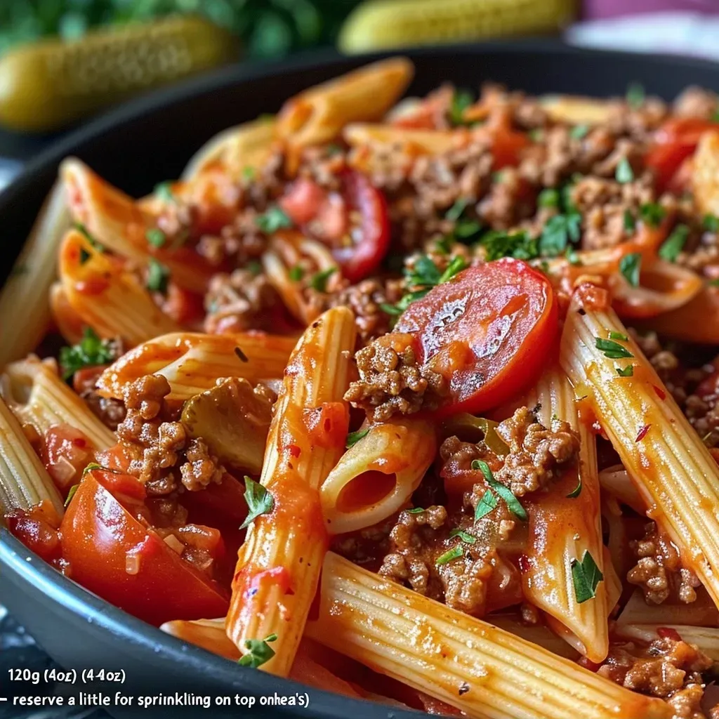 ['Close-up of a bowl filled with One Pot Cheeseburger Pasta, showcasing garnishes.', 'Side view of creamy cheeseburger pasta with bright toppings and ingredients visible.', 'Juicy One Pot Cheeseburger Pasta in a bowl with melted cheese and parsley.', 'Rich, savory pasta dish with ground beef, tomatoes, and cheddar, served warm.']