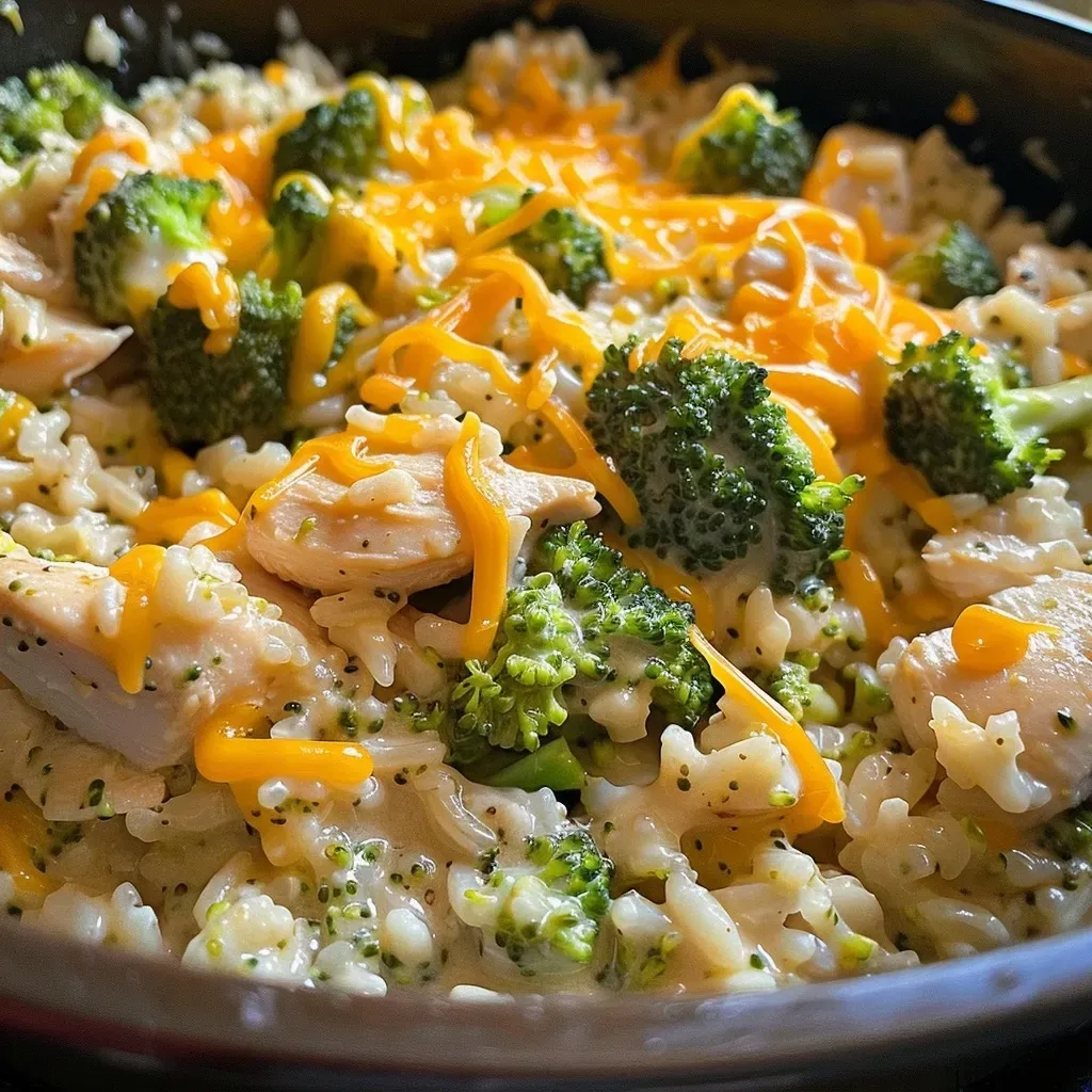 Close-up view of a creamy one-pot dish featuring chicken, broccoli, and rice.