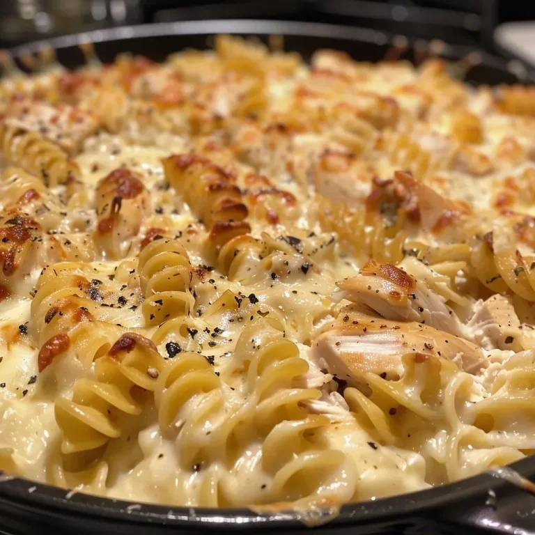 ['A close-up view of a creamy One-Pot Chicken Alfredo Bake with melted cheese on top.', 'Side view of a bubbling One-Pot Chicken Alfredo Bake showcasing pasta and shredded chicken.', 'Juicy One-Pot Chicken Alfredo Bake served in a dish, featuring rotini pasta and Alfredo sauce.', 'A delicious dish of One-Pot Chicken Alfredo Bake with golden, melted cheese and chicken pieces.']