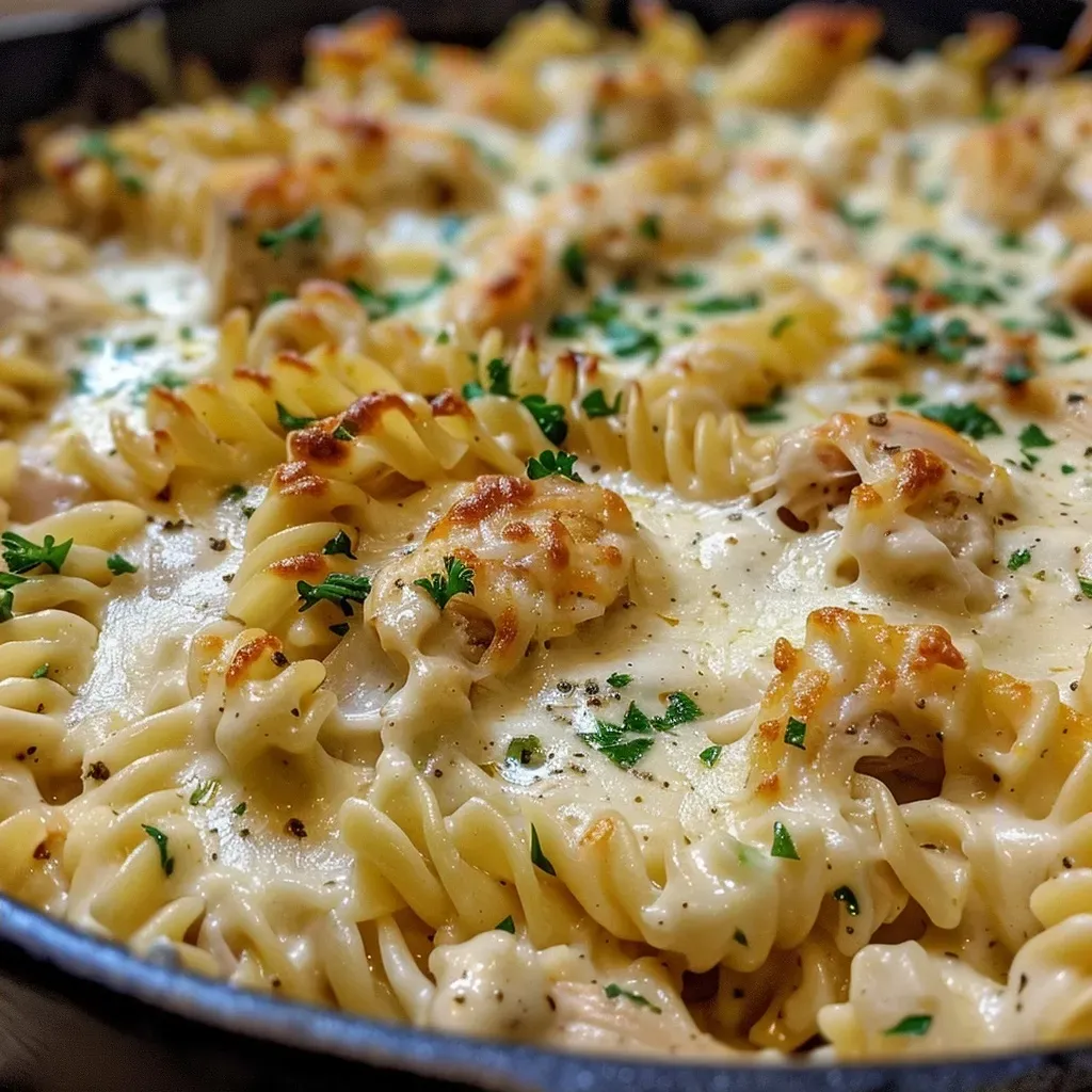 ['A close-up view of a creamy One-Pot Chicken Alfredo Bake with melted cheese on top.', 'Side view of a bubbling One-Pot Chicken Alfredo Bake showcasing pasta and shredded chicken.', 'Juicy One-Pot Chicken Alfredo Bake served in a dish, featuring rotini pasta and Alfredo sauce.', 'A delicious dish of One-Pot Chicken Alfredo Bake with golden, melted cheese and chicken pieces.']