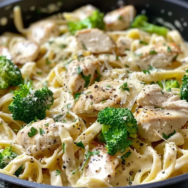 ['Close-up of a creamy One Pot Chicken Broccoli Alfredo with pasta, chicken, and broccoli.', 'Delicious plate of One Pot Chicken Broccoli Alfredo showcasing chicken, broccoli, and fettuccine.', 'Side view of One Pot Chicken Broccoli Alfredo with a rich creamy sauce and garnished with parsley.', 'Juicy chicken and broccoli in a creamy Alfredo sauce with pasta, presented in a bowl.']