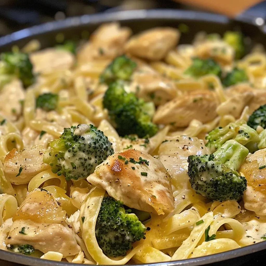 ['Close-up of a creamy One Pot Chicken Broccoli Alfredo with pasta, chicken, and broccoli.', 'Delicious plate of One Pot Chicken Broccoli Alfredo showcasing chicken, broccoli, and fettuccine.', 'Side view of One Pot Chicken Broccoli Alfredo with a rich creamy sauce and garnished with parsley.', 'Juicy chicken and broccoli in a creamy Alfredo sauce with pasta, presented in a bowl.']