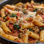 ['Close-up of a bowl filled with One-Pot Pasta featuring sausage, spinach, and tomatoes.', 'Side view of a hearty One-Pot Pasta dish, showcasing penne and fresh vegetables.', 'Delicious One-Pot Pasta dinner with sausage and spinach, garnished with Parmesan cheese.', 'A vibrant One-Pot Pasta meal served in a bowl, highlighting juicy ingredients and rich colors.']