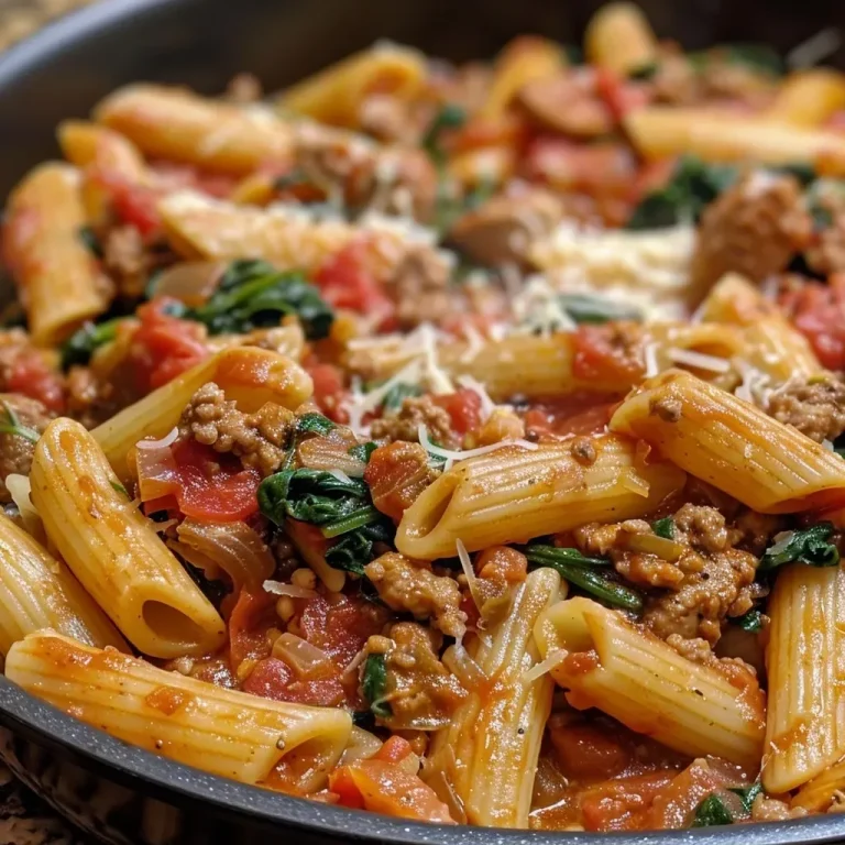 ['Close-up of a bowl filled with One-Pot Pasta featuring sausage, spinach, and tomatoes.', 'Side view of a hearty One-Pot Pasta dish, showcasing penne and fresh vegetables.', 'Delicious One-Pot Pasta dinner with sausage and spinach, garnished with Parmesan cheese.', 'A vibrant One-Pot Pasta meal served in a bowl, highlighting juicy ingredients and rich colors.']