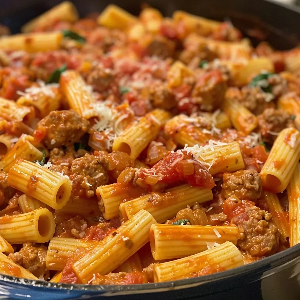 ['Close-up of a bowl filled with One-Pot Pasta featuring sausage, spinach, and tomatoes.', 'Side view of a hearty One-Pot Pasta dish, showcasing penne and fresh vegetables.', 'Delicious One-Pot Pasta dinner with sausage and spinach, garnished with Parmesan cheese.', 'A vibrant One-Pot Pasta meal served in a bowl, highlighting juicy ingredients and rich colors.']