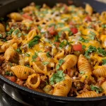 ['Close-up view of One Pot Taco Pasta with melted cheese and colorful ingredients.', 'Juicy One Pot Taco Pasta displayed in a vibrant dish with pasta shells and cheese.', 'Deliciously creamy Taco Pasta featuring ground beef, spices, and melted cheese.', 'A side view of a bowl of Taco Pasta highlighting the blend of cheeses and pasta shells.']