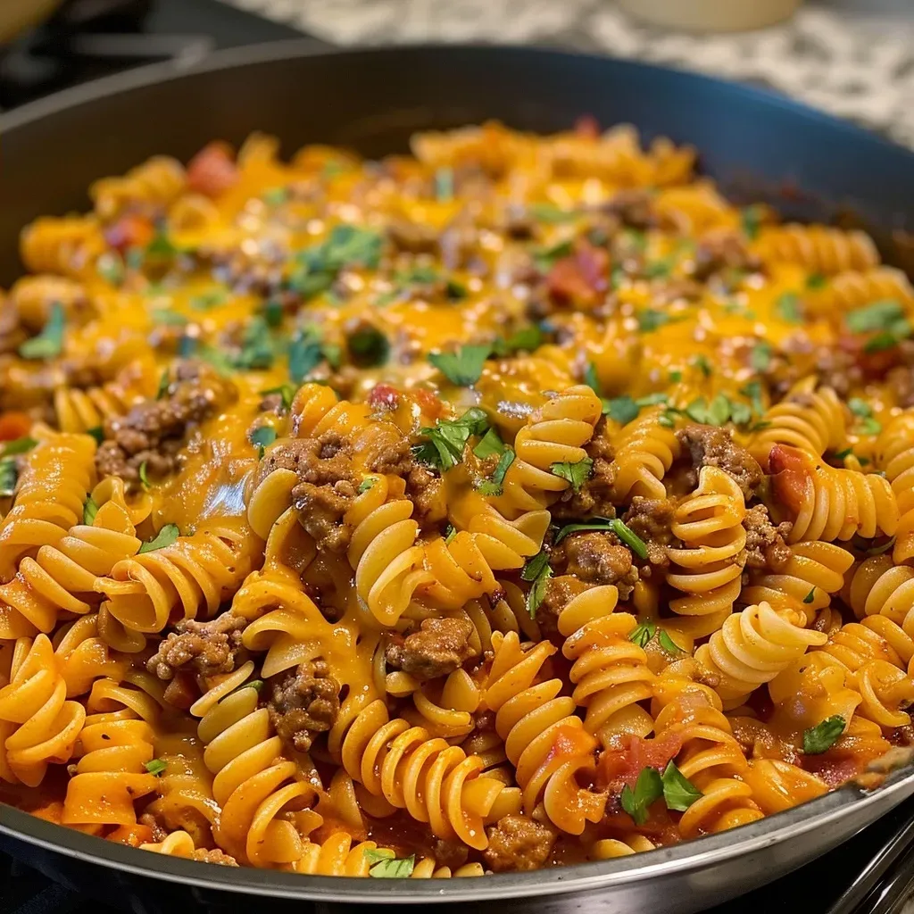 ['Close-up view of One Pot Taco Pasta with melted cheese and colorful ingredients.', 'Juicy One Pot Taco Pasta displayed in a vibrant dish with pasta shells and cheese.', 'Deliciously creamy Taco Pasta featuring ground beef, spices, and melted cheese.', 'A side view of a bowl of Taco Pasta highlighting the blend of cheeses and pasta shells.']