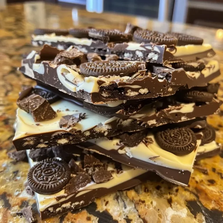 ['Close-up of a piece of Oreo bark with white chocolate and Oreo cookie pieces.', 'Side view of a decadent Oreo bark displaying chunks of Oreo cookies mixed with white chocolate.', 'A vibrant slice of Oreo bark highlighting the smooth white chocolate and crunchy Oreo bits.', 'Detailed view of Oreo bark showcasing its creamy texture and cookie inclusions.']