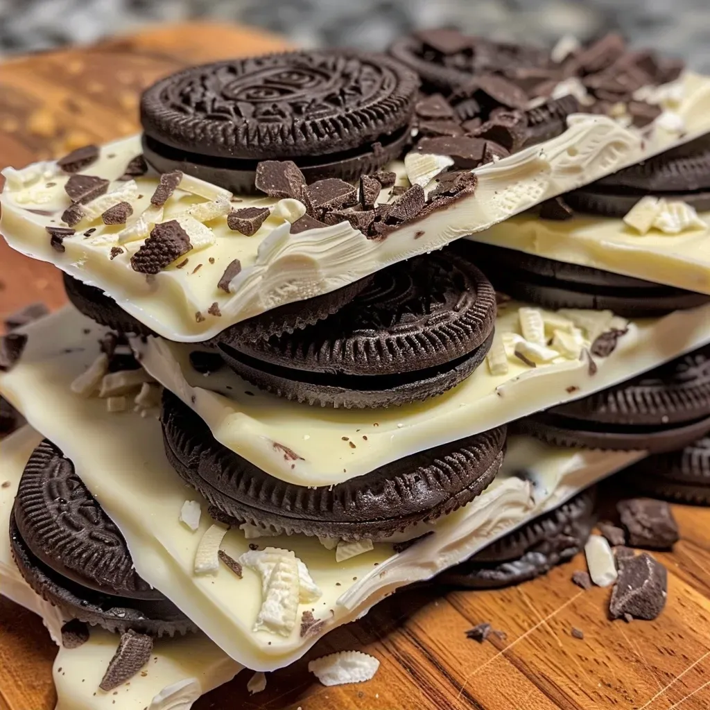 ['Close-up of a piece of Oreo bark with white chocolate and Oreo cookie pieces.', 'Side view of a decadent Oreo bark displaying chunks of Oreo cookies mixed with white chocolate.', 'A vibrant slice of Oreo bark highlighting the smooth white chocolate and crunchy Oreo bits.', 'Detailed view of Oreo bark showcasing its creamy texture and cookie inclusions.']