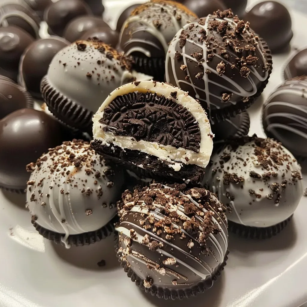 ['Close-up view of Oreo truffles coated in chocolate.', 'Side view of delicious chocolate-covered Oreo truffles.', 'Juicy Oreo truffles with chocolate coating and sprinkles.', 'Sweet dessert truffles made with Oreos and cream cheese.']