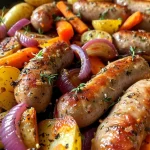 ['Juicy oven-baked sausages surrounded by halved baby potatoes, carrots, and red onions drizzled with gravy.', 'Close-up view of sausages resting on a bed of vibrant roasted vegetables and potatoes with a rich gravy.', 'A delicious plate of oven-baked sausages with caramelized potatoes and greens, topped with savory gravy.', 'Side view of hearty sausages accompanied by colorful vegetables and glossy gravy, ready to be served.']