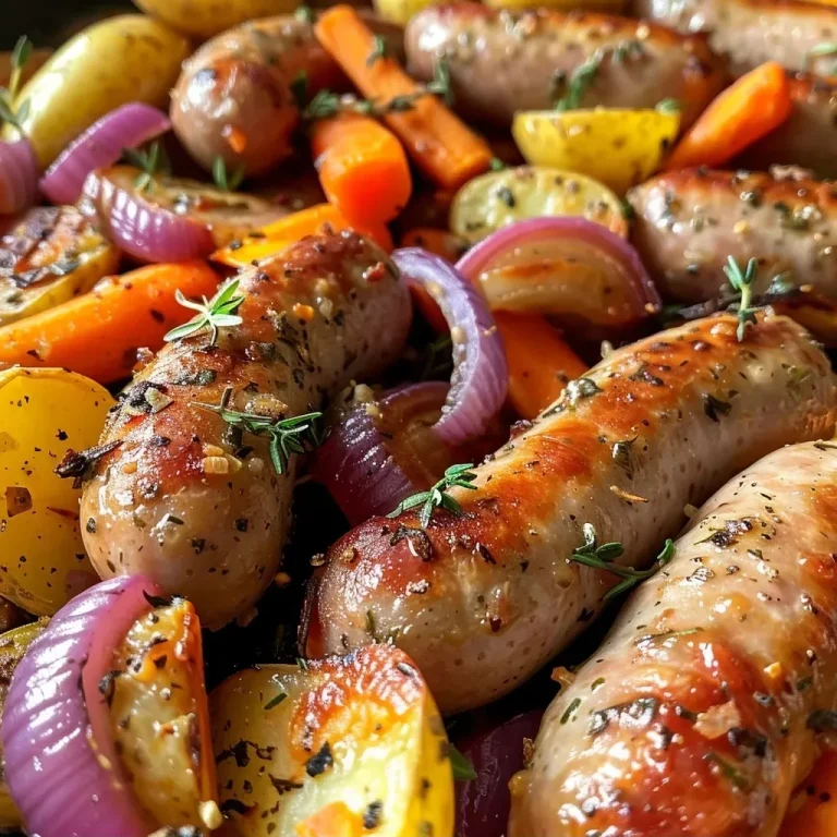 ['Juicy oven-baked sausages surrounded by halved baby potatoes, carrots, and red onions drizzled with gravy.', 'Close-up view of sausages resting on a bed of vibrant roasted vegetables and potatoes with a rich gravy.', 'A delicious plate of oven-baked sausages with caramelized potatoes and greens, topped with savory gravy.', 'Side view of hearty sausages accompanied by colorful vegetables and glossy gravy, ready to be served.']