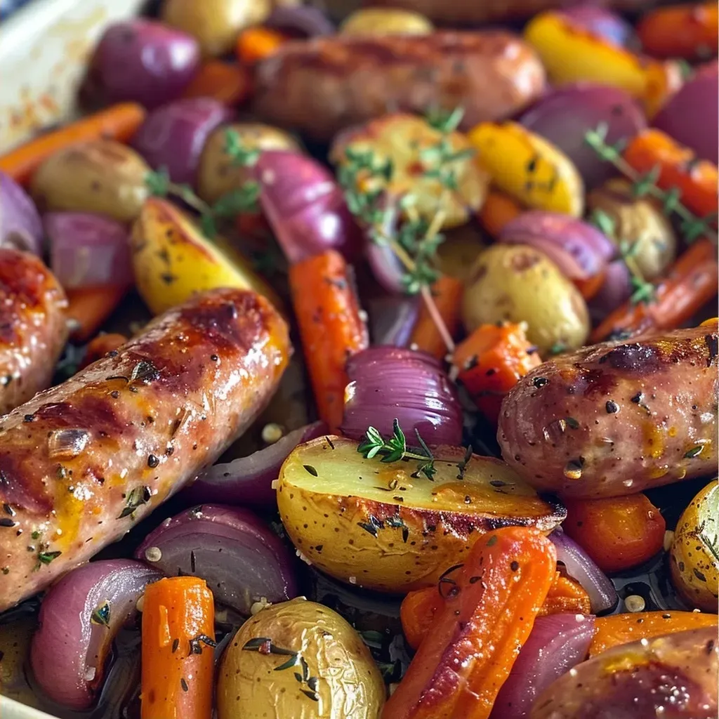['Juicy oven-baked sausages surrounded by halved baby potatoes, carrots, and red onions drizzled with gravy.', 'Close-up view of sausages resting on a bed of vibrant roasted vegetables and potatoes with a rich gravy.', 'A delicious plate of oven-baked sausages with caramelized potatoes and greens, topped with savory gravy.', 'Side view of hearty sausages accompanied by colorful vegetables and glossy gravy, ready to be served.']