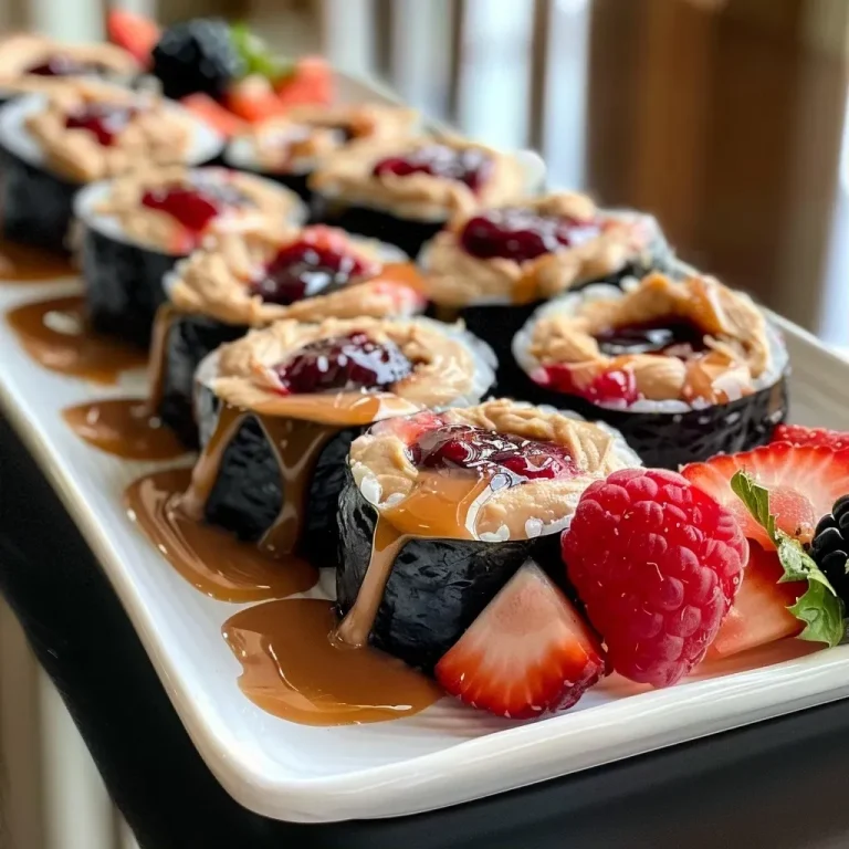 ['Close-up view of PB&J sushi rolls made with tortillas, peanut butter, and jelly.', 'Side view of colorful PB&J sushi rolls garnished with fruit on a plate.', 'Delicious PB&J sushi rolls featuring vibrant layers of peanut butter and jelly.', 'Tasty PB&J sushi rolls displayed with a variety of fruit garnishes.']
