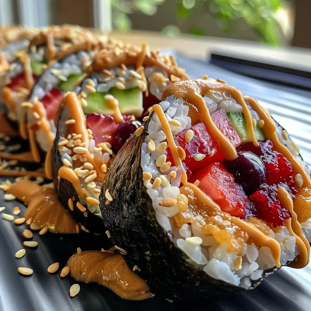 ['Close-up view of PB&J sushi rolls made with tortillas, peanut butter, and jelly.', 'Side view of colorful PB&J sushi rolls garnished with fruit on a plate.', 'Delicious PB&J sushi rolls featuring vibrant layers of peanut butter and jelly.', 'Tasty PB&J sushi rolls displayed with a variety of fruit garnishes.']