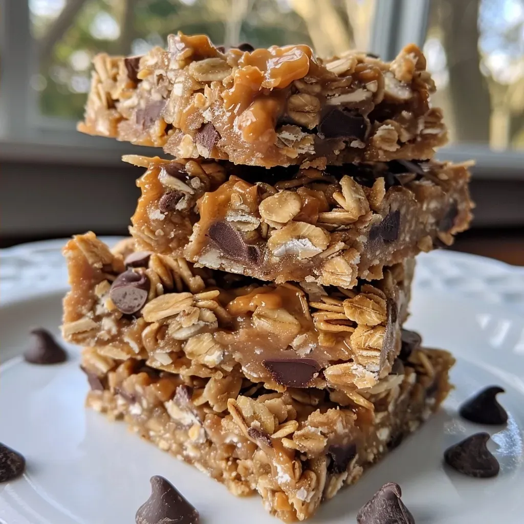 ['Close-up of a peanut butter chocolate chip granola bar with visible chocolate chips and nuts.', 'Side view of a granola bar showing the texture and ingredients like oats and chocolate chips.', 'Juicy granola bar with a glossy sheen of peanut butter and sprinkled chocolate chips.', 'Detailed view of a homemade granola bar featuring chunks of dark chocolate and nuts.']