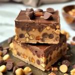 ['Close-up view of a thick, creamy Peanut Butter Cup Fudge topped with mini peanut butter cups.', 'Side angle shot of a layered Peanut Butter Cup Fudge with chocolate and peanut butter swirls.', 'Visually appealing Peanut Butter Cup Fudge cut into squares, showcasing a rich texture.', 'Detailed photo of delicious Peanut Butter Cup Fudge with a glossy chocolate layer and creamy peanut butter center.']