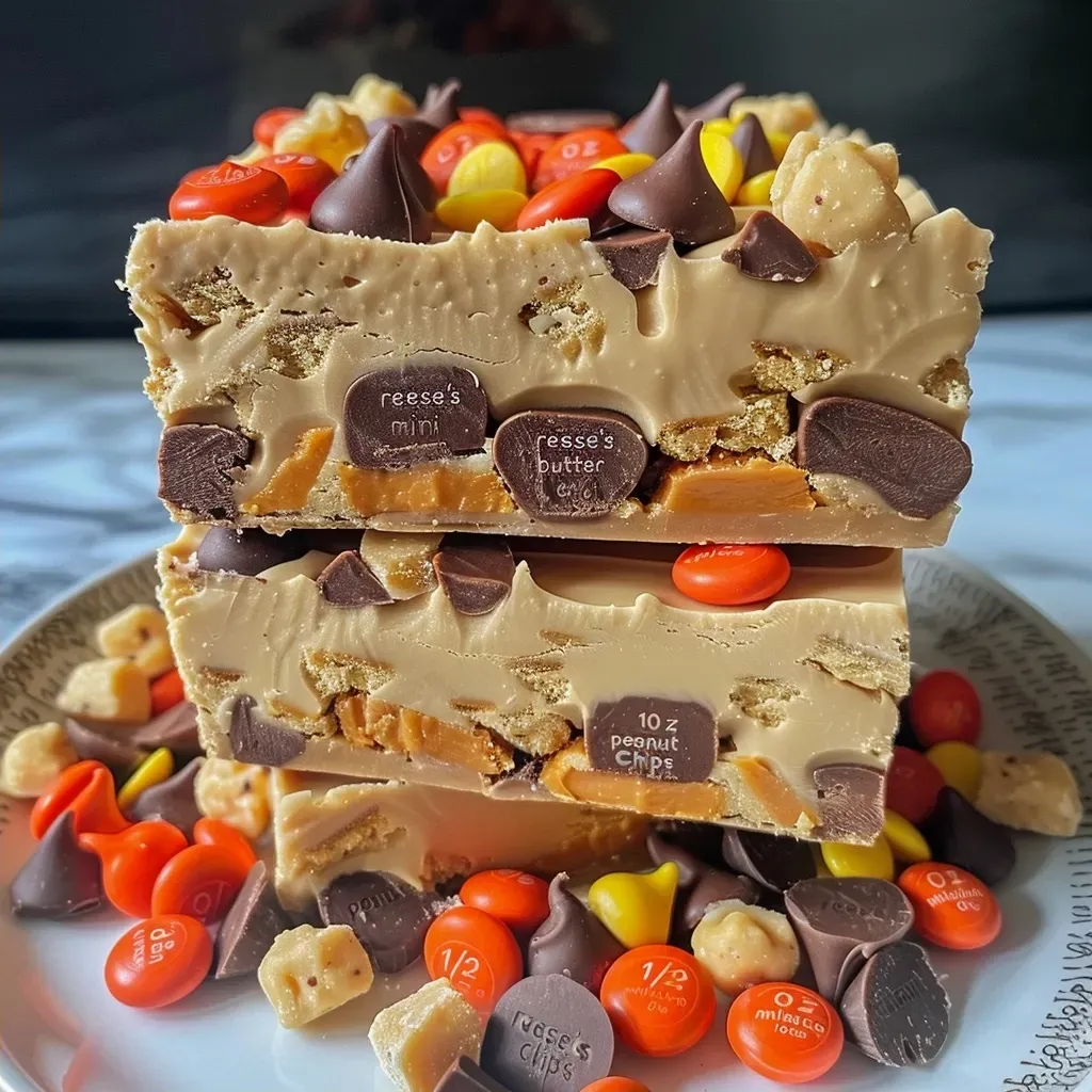 ['Close-up view of a thick, creamy Peanut Butter Cup Fudge topped with mini peanut butter cups.', 'Side angle shot of a layered Peanut Butter Cup Fudge with chocolate and peanut butter swirls.', 'Visually appealing Peanut Butter Cup Fudge cut into squares, showcasing a rich texture.', 'Detailed photo of delicious Peanut Butter Cup Fudge with a glossy chocolate layer and creamy peanut butter center.']