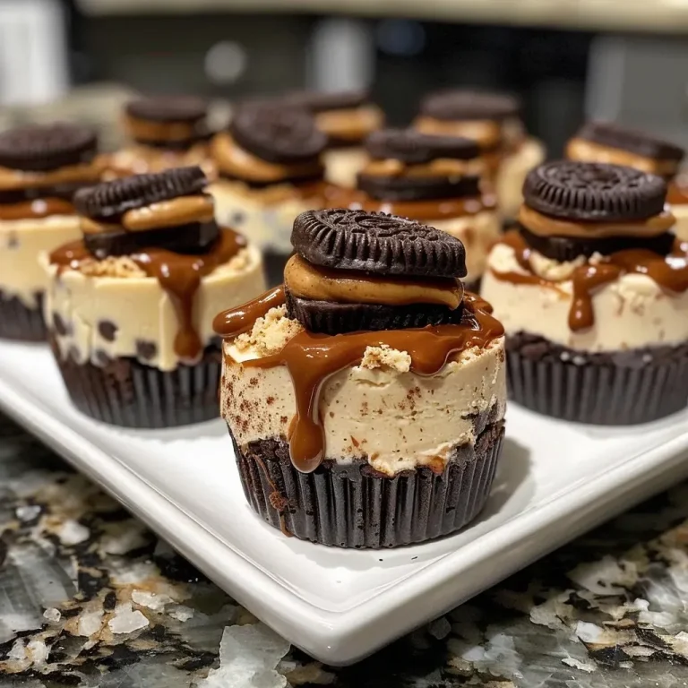 ['Close-up side view of creamy Peanut Butter Oreo Cheesecake Bites on a white plate.', 'A deliciously stacked Peanut Butter Oreo Cheesecake Bite with a glossy chocolate drizzle.', 'Side view of chocolate-covered Peanut Butter Oreo Cheesecake Bites garnished with mini peanut butter cups.', 'Tempting Peanut Butter Oreo Cheesecake Bites displayed with crumbs and drizzled chocolate.']