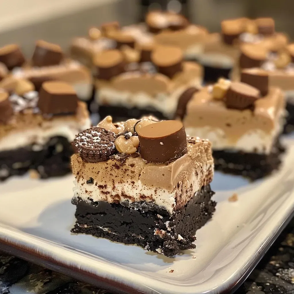 ['Close-up side view of creamy Peanut Butter Oreo Cheesecake Bites on a white plate.', 'A deliciously stacked Peanut Butter Oreo Cheesecake Bite with a glossy chocolate drizzle.', 'Side view of chocolate-covered Peanut Butter Oreo Cheesecake Bites garnished with mini peanut butter cups.', 'Tempting Peanut Butter Oreo Cheesecake Bites displayed with crumbs and drizzled chocolate.']