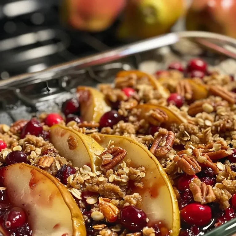 ['Close-up view of a slice of Pear Cranberry Crisp showing the juicy layers and a crisp topping.', 'Side view of a dish of Pear Cranberry Crisp highlighting the chopped pecans and baked fruit.', 'Appetizing slice of Pear Cranberry Crisp with visible cranberries and a golden oat topping.', 'Zoomed-in perspective on a serving of Pear Cranberry Crisp revealing its texture and ingredients.']