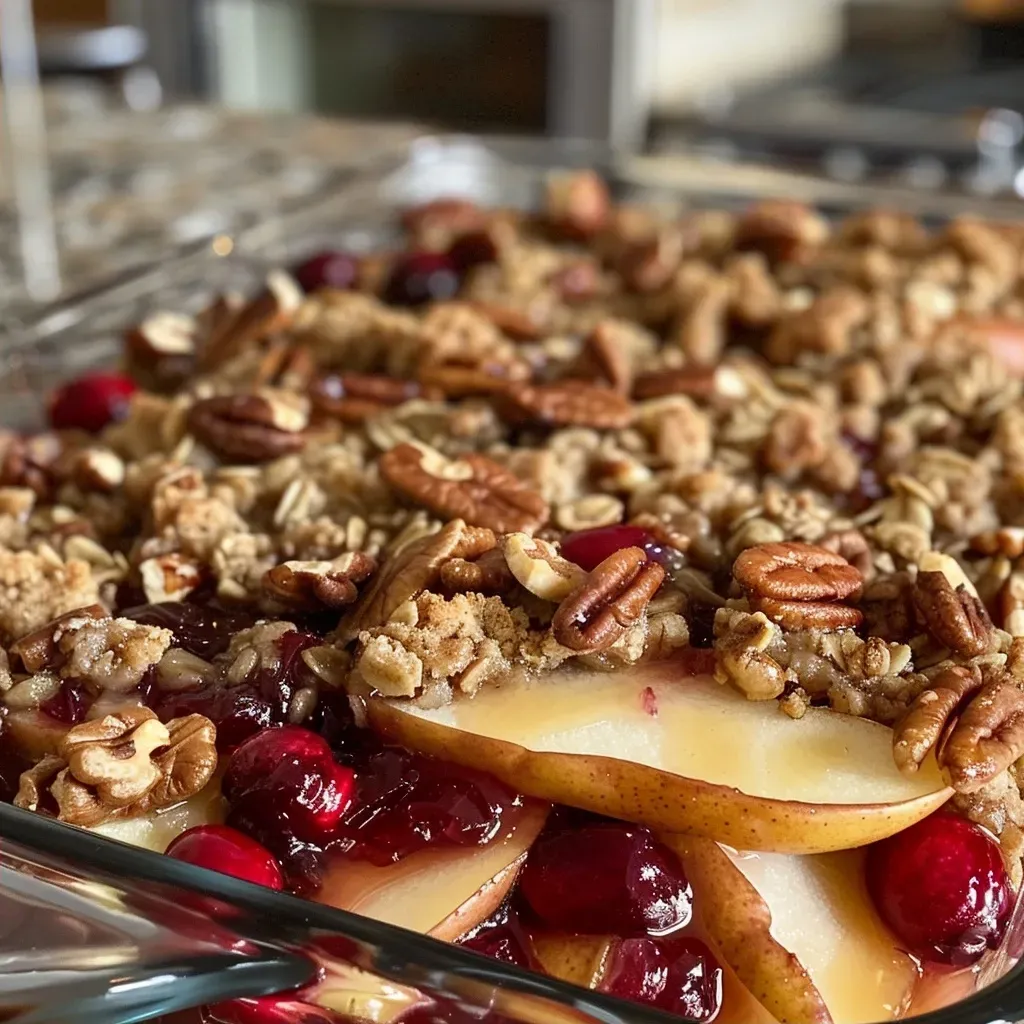 ['Close-up view of a slice of Pear Cranberry Crisp showing the juicy layers and a crisp topping.', 'Side view of a dish of Pear Cranberry Crisp highlighting the chopped pecans and baked fruit.', 'Appetizing slice of Pear Cranberry Crisp with visible cranberries and a golden oat topping.', 'Zoomed-in perspective on a serving of Pear Cranberry Crisp revealing its texture and ingredients.']