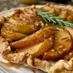 ['Close-up of a freshly baked pear galette drizzled with salted rosemary caramel.', 'Side view of a slice of pear galette topped with caramel and fresh rosemary.', 'Juicy pear galette with a golden crust and a glossy layer of salted caramel.', 'A rustic pear galette showcasing slices of pear and a drizzle of rosemary-infused caramel.']