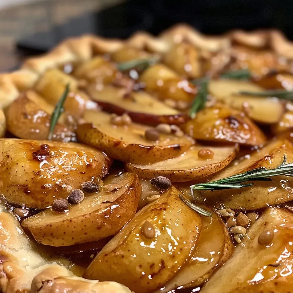 ['Close-up of a freshly baked pear galette drizzled with salted rosemary caramel.', 'Side view of a slice of pear galette topped with caramel and fresh rosemary.', 'Juicy pear galette with a golden crust and a glossy layer of salted caramel.', 'A rustic pear galette showcasing slices of pear and a drizzle of rosemary-infused caramel.']