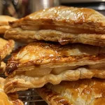 ['Close-up view of a golden-brown pear hand pie with a flaky crust and visible filling.', 'Side view of a juicy pear hand pie, showcasing its flaky pastry and pear filling.', 'Detailed image of a perfectly baked pear hand pie, emphasizing its crispy edges and rich filling.', 'Mouthwatering close-up of a pear hand pie, highlighting its crust and fresh pear chunks inside.']