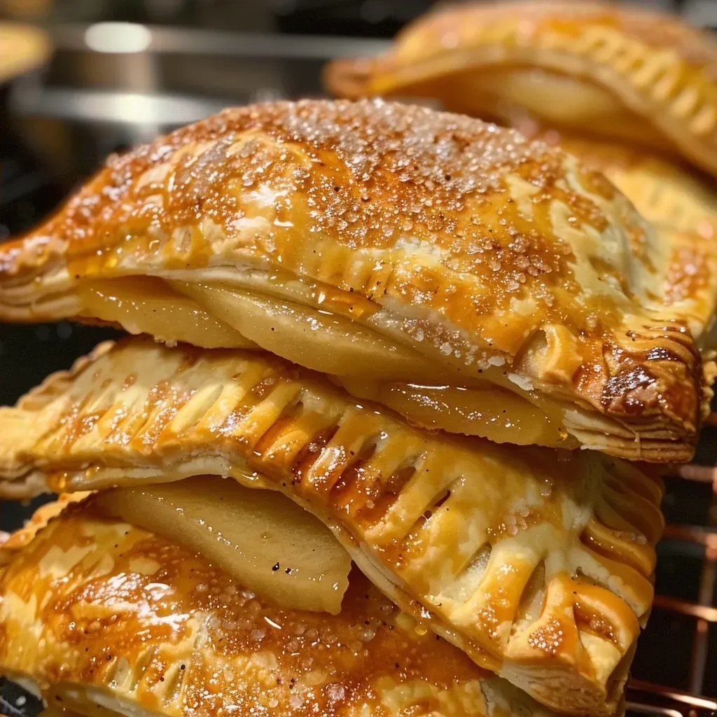 ['Close-up view of a golden-brown pear hand pie with a flaky crust and visible filling.', 'Side view of a juicy pear hand pie, showcasing its flaky pastry and pear filling.', 'Detailed image of a perfectly baked pear hand pie, emphasizing its crispy edges and rich filling.', 'Mouthwatering close-up of a pear hand pie, highlighting its crust and fresh pear chunks inside.']