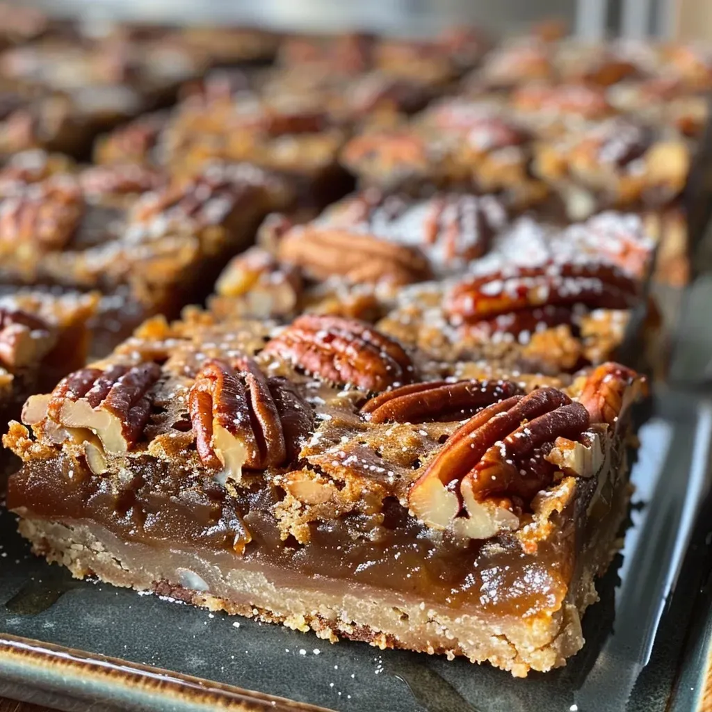 ['Close-up side view of pecan pie bars with a rich, glossy topping.', 'Delicious pecan pie bars stacked on a plate, showcasing their texture.', 'A mouth-watering image of pecan pie bars, highlighting the chopped pecans and buttery crust.', 'Side view of freshly baked pecan pie bars, revealing their gooey filling and crunchy topping.']