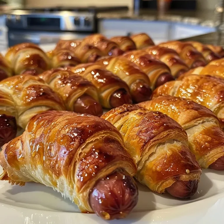 ['Juicy Pigs in a Blanket arranged on a plate, showing golden crescent rolls and cocktail weenies.', 'Close-up side view of Pigs in a Blanket, highlighting the flaky dough and savory sausages.', 'An appetizing display of Pigs in a Blanket, featuring shimmering crescent rolls and a dipping sauce.', 'Delicious Pigs in a Blanket on a wooden board, emphasizing the crispy texture and garnishes.']