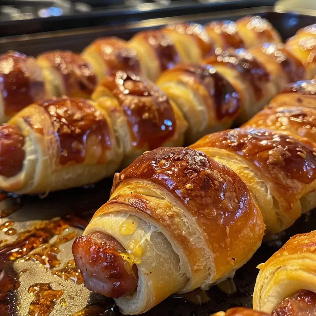 ['Juicy Pigs in a Blanket arranged on a plate, showing golden crescent rolls and cocktail weenies.', 'Close-up side view of Pigs in a Blanket, highlighting the flaky dough and savory sausages.', 'An appetizing display of Pigs in a Blanket, featuring shimmering crescent rolls and a dipping sauce.', 'Delicious Pigs in a Blanket on a wooden board, emphasizing the crispy texture and garnishes.']