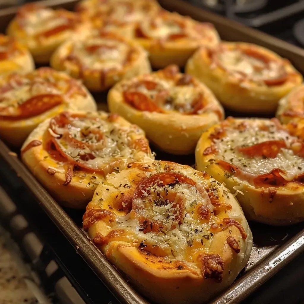 ['A close-up view of golden-brown pizza rolls filled with cheese and pepperoni.', 'Juicy pizza rolls displayed side by side, showcasing their crispy exterior.', 'Deliciously stuffed pizza rolls with melted cheese and a hint of herbs visible.', 'A savory arrangement of pizza rolls emphasizing their flaky texture and rich filling.']