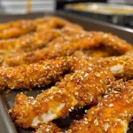 ['Close-up view of juicy pretzel crusted chicken tenders on a plate.', 'Side view of golden brown pretzel crusted chicken tenders garnished with herbs.', 'Appetizing image of crispy chicken tenders with a pretzel crust and dipping sauce.', 'Detailed shot of pretzel crusted chicken tenders arranged on a serving platter.']
