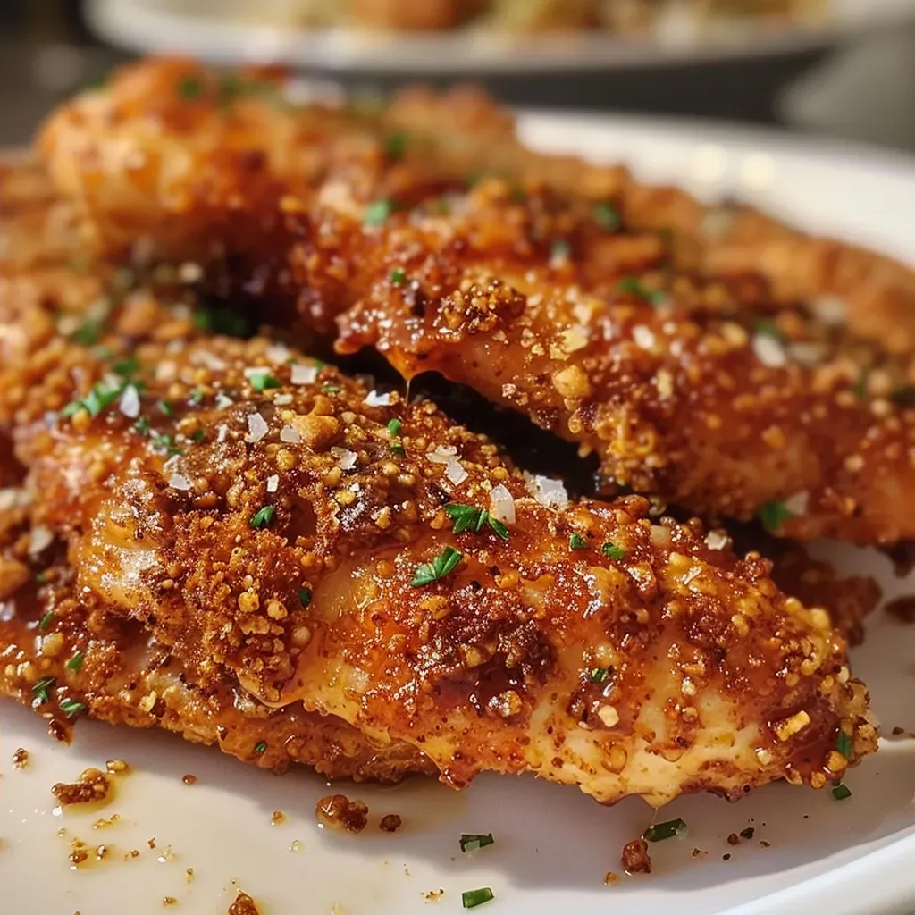 ['Close-up view of juicy pretzel crusted chicken tenders on a plate.', 'Side view of golden brown pretzel crusted chicken tenders garnished with herbs.', 'Appetizing image of crispy chicken tenders with a pretzel crust and dipping sauce.', 'Detailed shot of pretzel crusted chicken tenders arranged on a serving platter.']