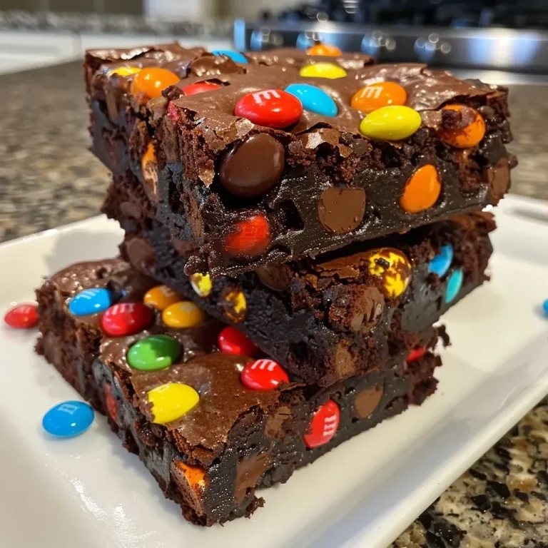['Close-up view of fudgy protein brownies topped with colorful M&Ms.', 'Side view of decadent brownies with melted chocolate and mini M&Ms.', 'A slice of protein-rich brownies featuring vibrant M&Ms and a shiny surface.', 'Juicy protein brownies presented with colorful candy coating on top.']