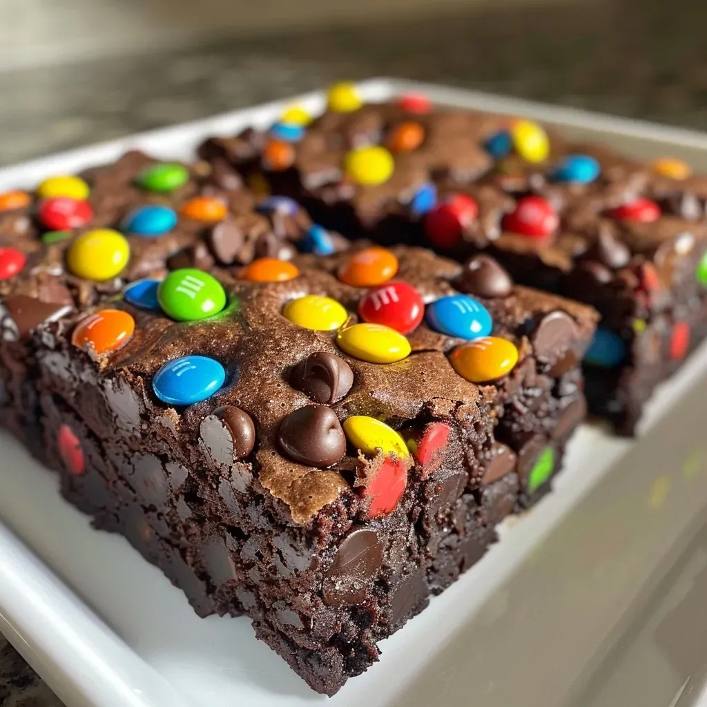 ['Close-up view of fudgy protein brownies topped with colorful M&Ms.', 'Side view of decadent brownies with melted chocolate and mini M&Ms.', 'A slice of protein-rich brownies featuring vibrant M&Ms and a shiny surface.', 'Juicy protein brownies presented with colorful candy coating on top.']