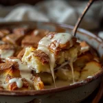 ['Close-up view of a golden-brown protein cinnamon roll bread pudding with creamy texture.', 'Side view of a fluffy protein cinnamon roll bread pudding, showing layers and gooey icing.', 'Detailed image of protein cinnamon roll bread pudding with visible chunks of cinnamon rolls and icing.', 'Close-up perspective of freshly baked protein cinnamon roll bread pudding drizzled with icing.']