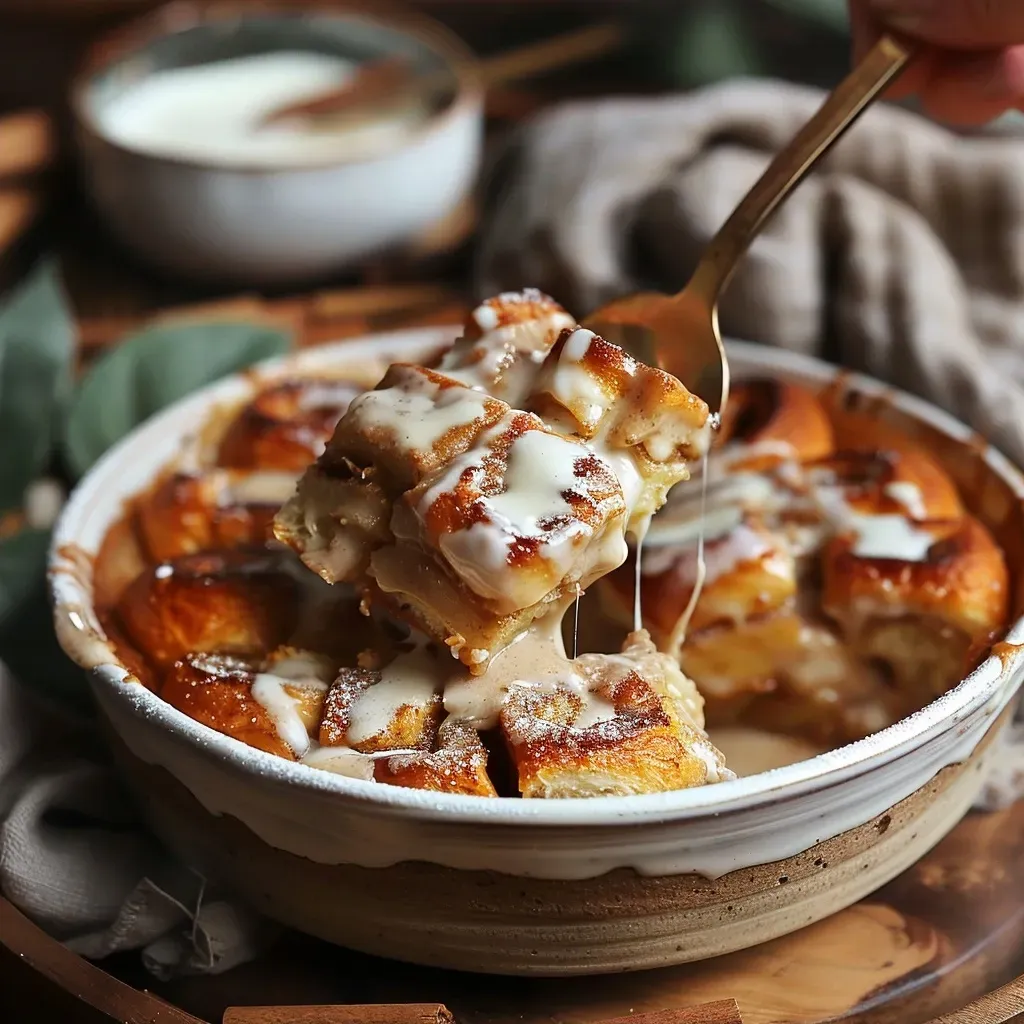 ['Close-up view of a golden-brown protein cinnamon roll bread pudding with creamy texture.', 'Side view of a fluffy protein cinnamon roll bread pudding, showing layers and gooey icing.', 'Detailed image of protein cinnamon roll bread pudding with visible chunks of cinnamon rolls and icing.', 'Close-up perspective of freshly baked protein cinnamon roll bread pudding drizzled with icing.']