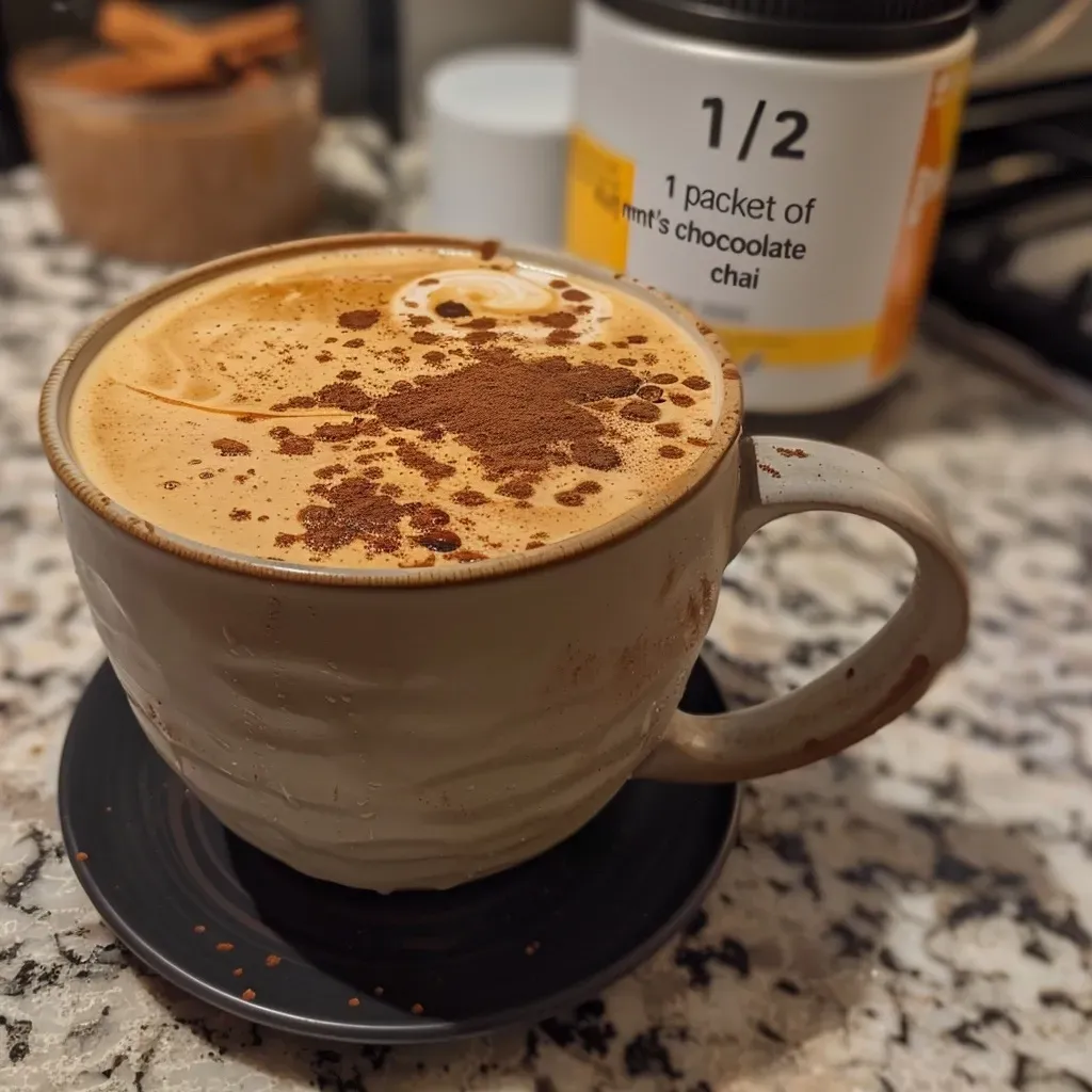 ['A close-up side view of a rich, frothy Protein Hot Chocolate Chai Latte in a glass mug.', 'Creamy Protein Hot Chocolate Chai Latte topped with a sprinkle of cinnamon, photographed from the side.', 'Side angle of a steaming Protein Hot Chocolate Chai Latte, showcasing its texture and color.', 'Glass of Protein Hot Chocolate Chai Latte with a hint of cinnamon, captured in natural light.']