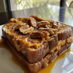 ['Close-up view of a slice of Protein Pumpkin French Toast Bake topped with chopped pecans.', 'Side angle shot of a warm Protein Pumpkin French Toast Bake, with a golden-brown crust and moist interior.', 'Detailed view of a serving of Protein Pumpkin French Toast Bake, showcasing its fluffy texture and pumpkin color.', 'Appetizing slice of Protein Pumpkin French Toast Bake, garnished with pecans and showing layers of bread and pumpkin puree.']